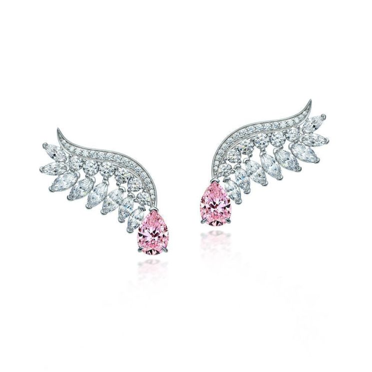 S925 Sterling Silver 2-Carat Cherry Blossom Water Drop Earrings with Pink Angel Wings Diamonds