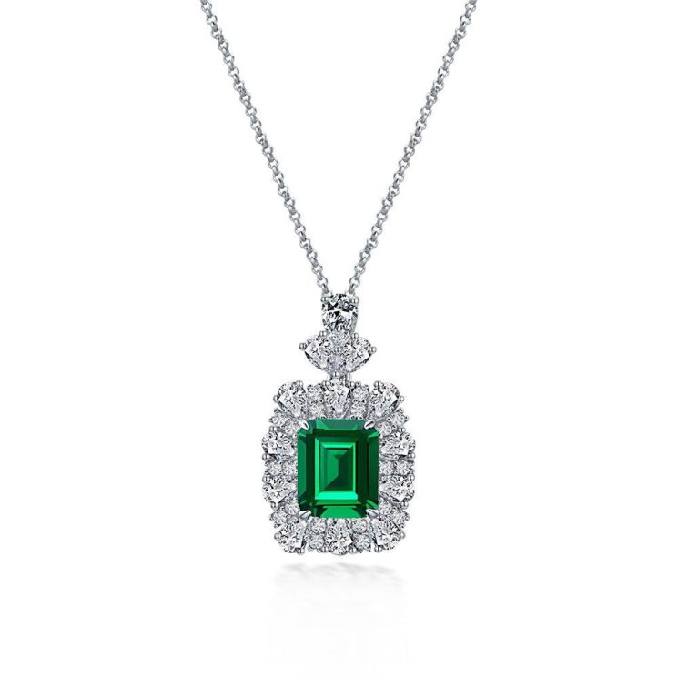Retro Luxury S925 Sterling Silver 4ct Necklace with Green Nano Diamond and Pearl Chain (9x11 mm)