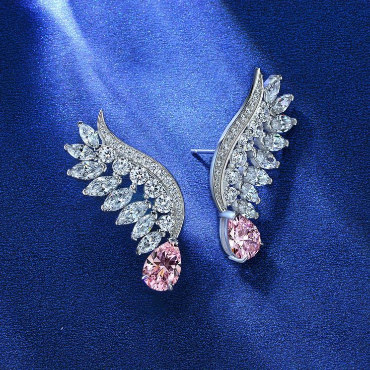 S925 Sterling Silver 2-Carat Cherry Blossom Water Drop Earrings with Pink Angel Wings Diamonds - Image 2