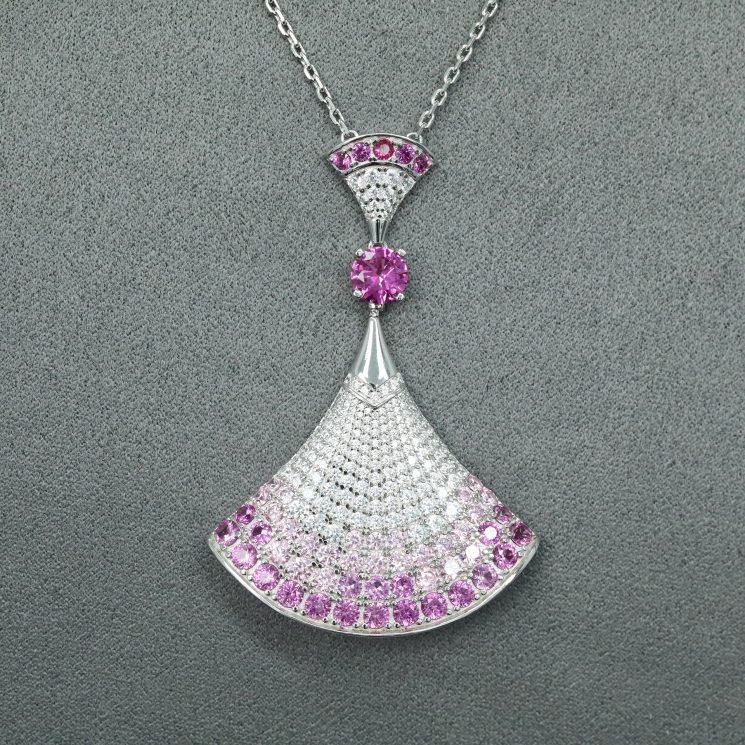925 Silver Gold-Plated High-Carbon Diamonds Pink Sapphire Fan Necklace – Elegant & Feminine Design - Image 3