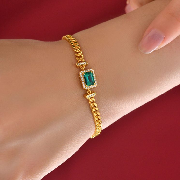 1ct Cultivated Emerald 5*7 Cuban Bracelet European and American Retro Jewelry 15-17cm - Image 2