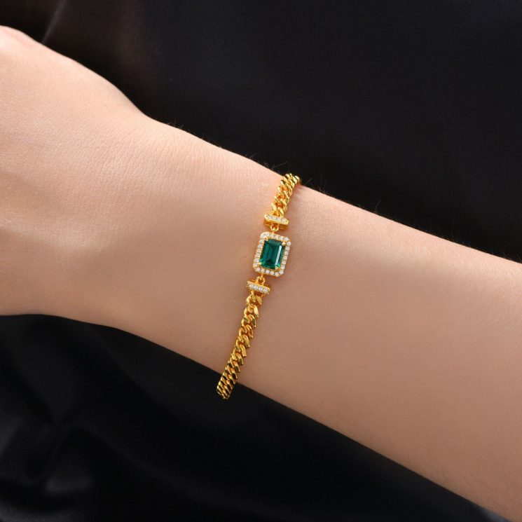 1ct Cultivated Emerald 5*7 Cuban Bracelet European and American Retro Jewelry 15-17cm - Image 3