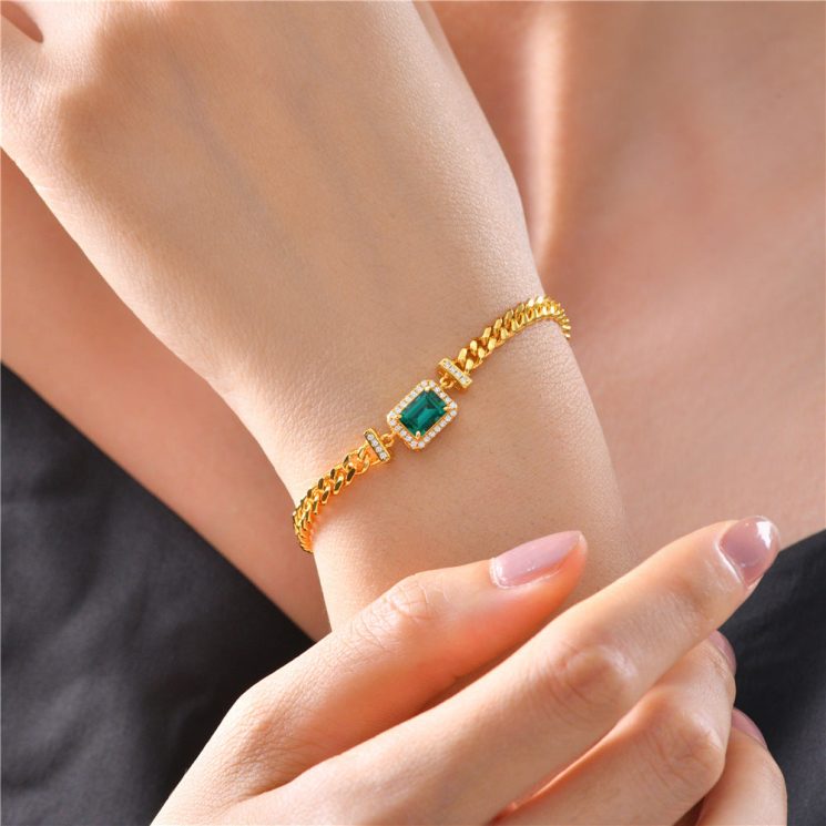 1ct Cultivated Emerald 5*7 Cuban Bracelet European and American Retro Jewelry 15-17cm - Image 4