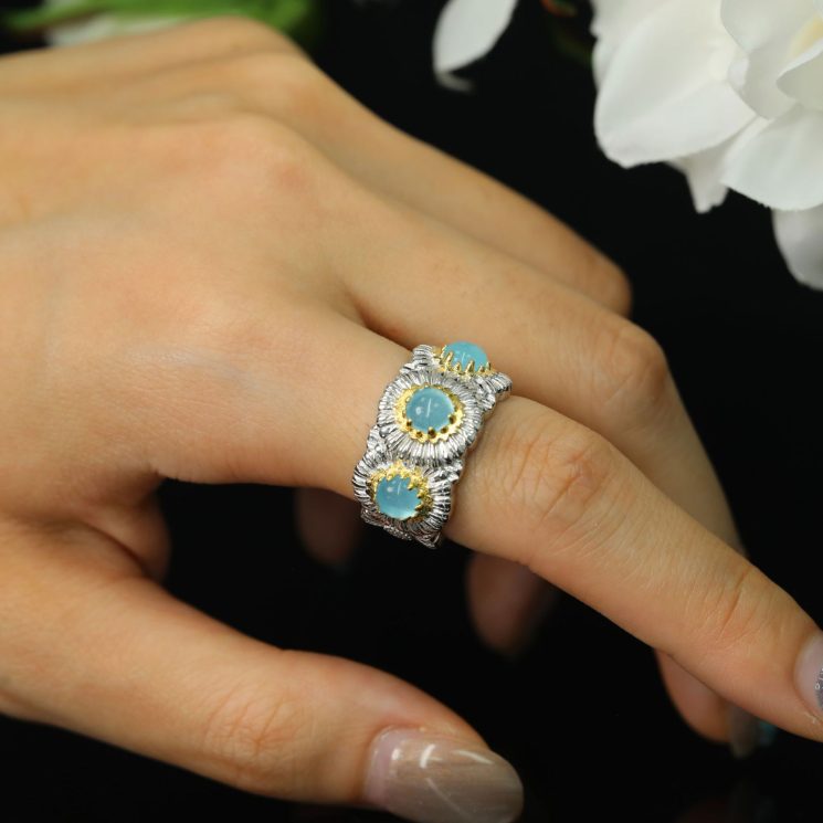 925 Silver Gold-Plated High Carbon Diamond Daisy Blue Agate Ring - Image 4