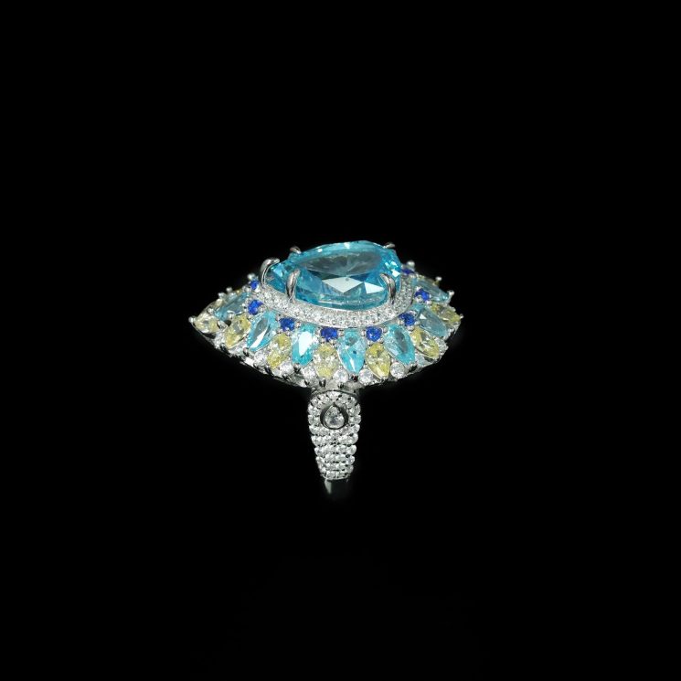 925 Silver Gold-Plated High Carbon Diamond Aquamarine Sea Cocktail Ring - Image 4