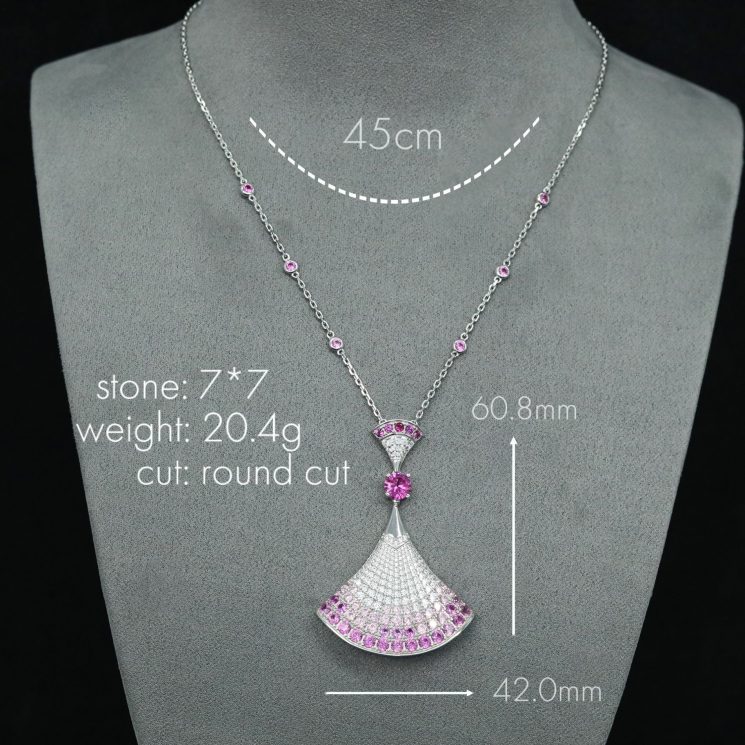 925 Silver Gold-Plated High-Carbon Diamonds Pink Sapphire Fan Necklace – Elegant & Feminine Design - Image 2