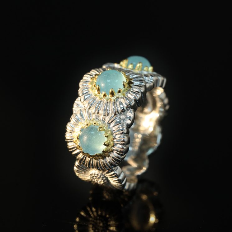 925 Silver Gold-Plated High Carbon Diamond Daisy Blue Agate Ring - Image 3