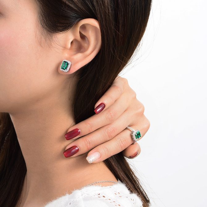 925 sterling silver 2 carat cultured emerald necklace ring European and American light luxury four-piece set - Image 3