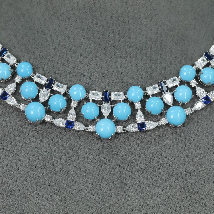 925 Silver Gold-Plated High Carbon Diamond & High Bead Evening Blue Pine Necklace - Image 3