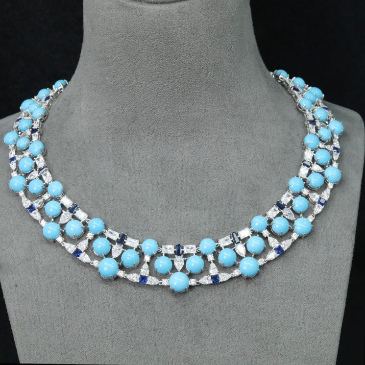 925 Silver Gold-Plated High Carbon Diamond & High Bead Evening Blue Pine Necklace - Image 4