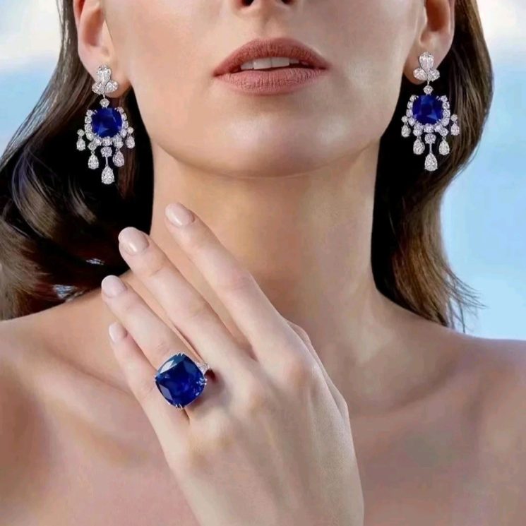 925 Silver Gold-Plated High Carbon Diamond Cultured Cobalt Tip Crystal Evening Earrings – Luxurious & Sophisticated Design - Image 4