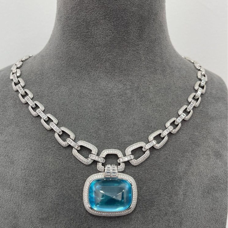925 Silver Gold-Plated Aquamarine Necklace with High-Carbon Diamonds – Elegant & Sparkling Design - Image 2