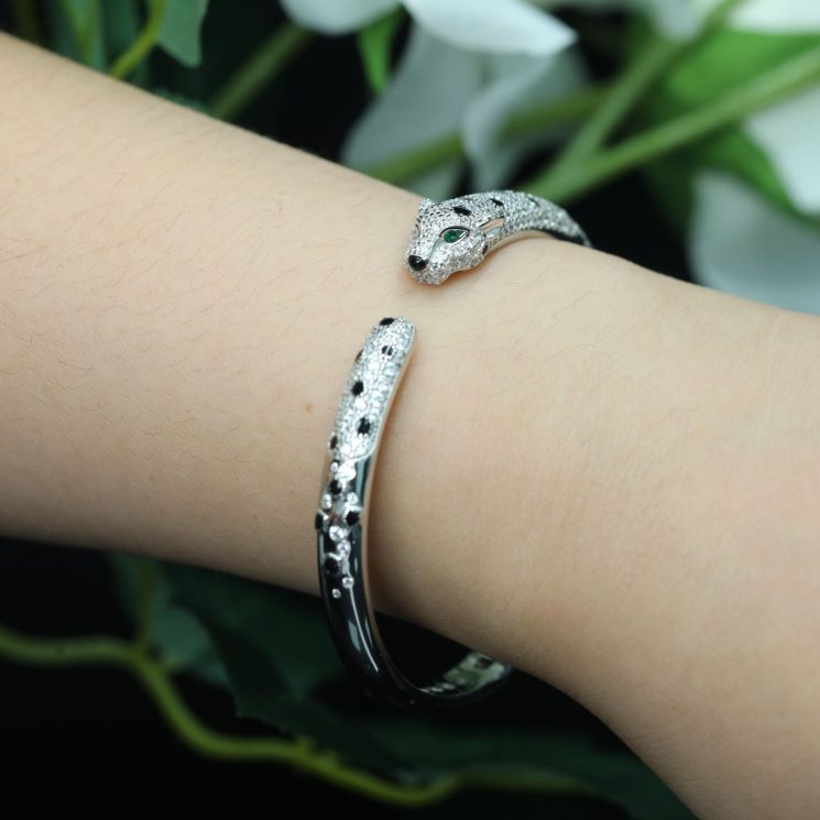 925 Silver Gold-Plated High-Carbon Diamond Black Enamel Leopard Bracelet – Bold & Luxe Design - Image 3