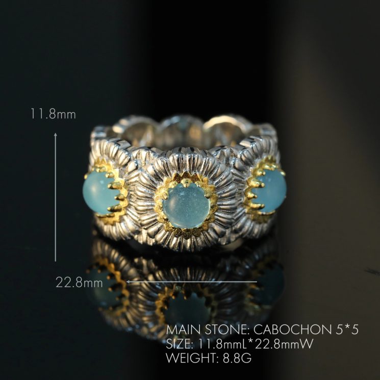 925 Silver Gold-Plated High Carbon Diamond Daisy Blue Agate Ring - Image 2