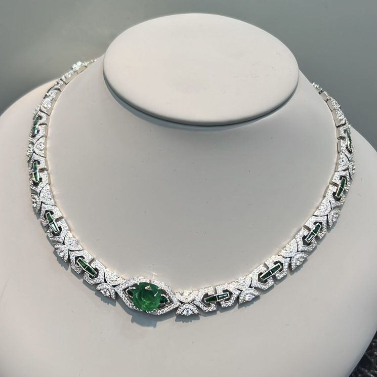 925 Silver Gold-Plated High Carbon Diamond Wood Green Inlaid Emerald Necklace - Image 4